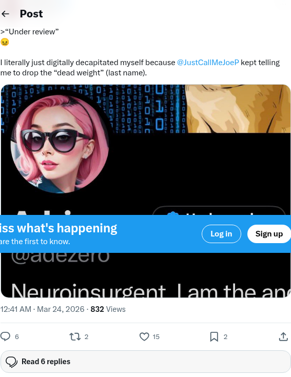 Screenshot of Adrienne Rockenhaus (@adezero) on X stating she dropped her last name because Joe Prich (@JustCallMeJoeP) kept telling her to drop the dead weight.