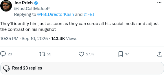 Screenshot of Joe Prich (@JustCallMeJoeP) on X posting about scrubbing social media and adjusting contrast on a mugshot.